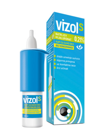 Vizol S 0,21% kapi za oči koriste se za ublažavanje blažih smetnji suhog oka. Sadrže natrijev hijaluronat i pogodne su za svakodnevnu primjenu.