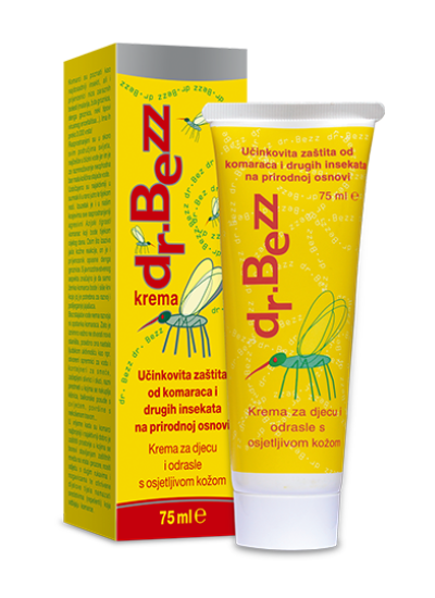 Dr. Bezz sensitive krema pruža učinkovitu zaštitu od komaraca i drugih insekata. Prirodnog je porijekla, na osnovi prirodnog ekstrakta geranija, matičnjaka i nevena s dodatkom glicerina.