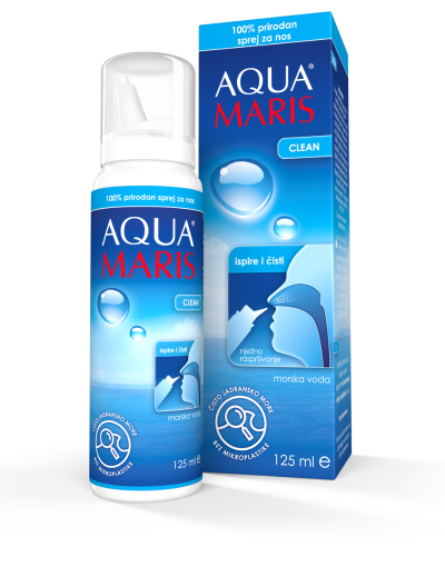 Aqua Maris Clean sprej za nos izotonična je otopina morske vode Jadrana. Za ispiranje sluznice nosa kontinuiranim mlazom i normalnu funkciju sluznice.